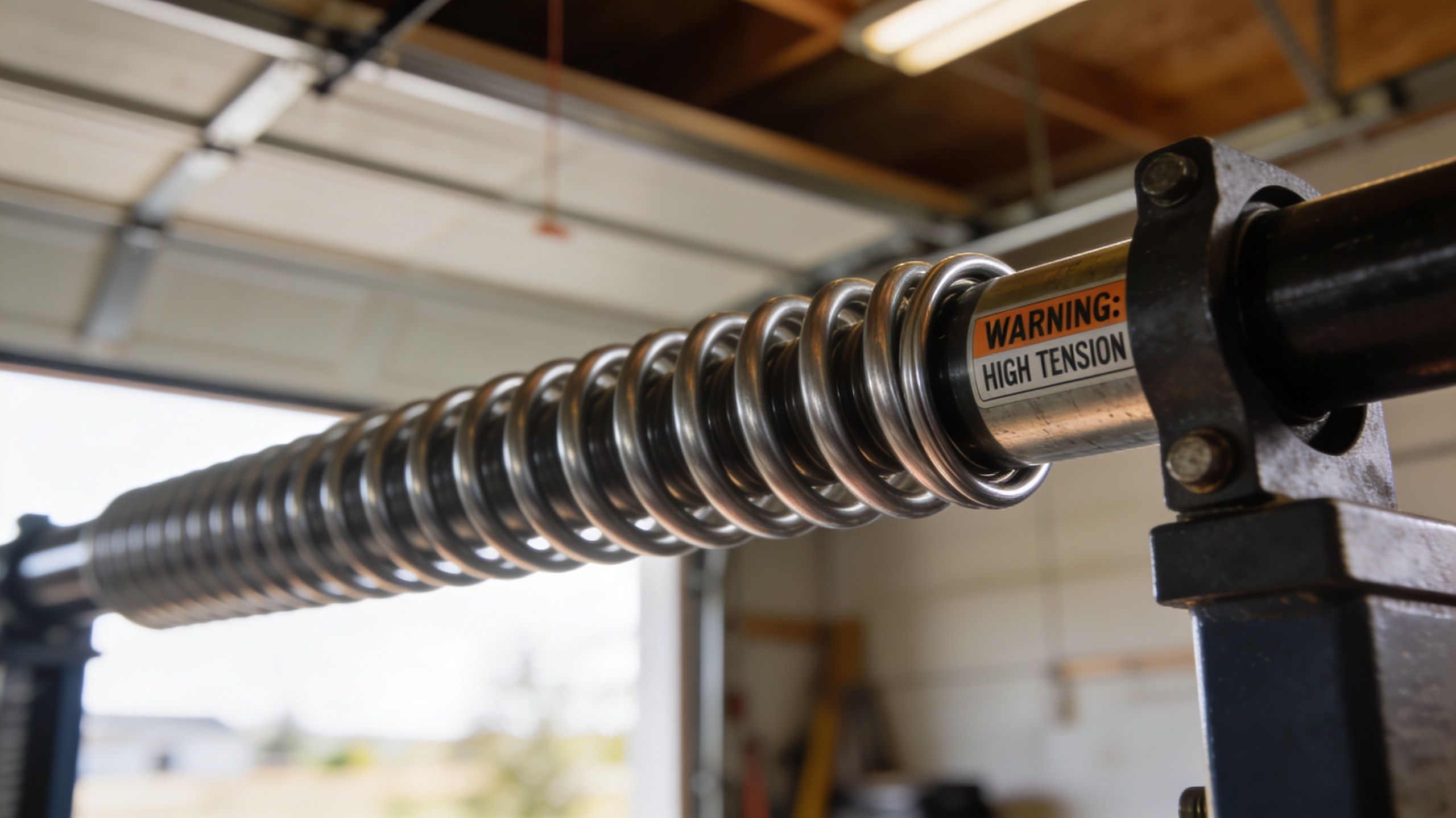 A close up view of a metallic garage door torsion spring showing a warning label regarding high tension.