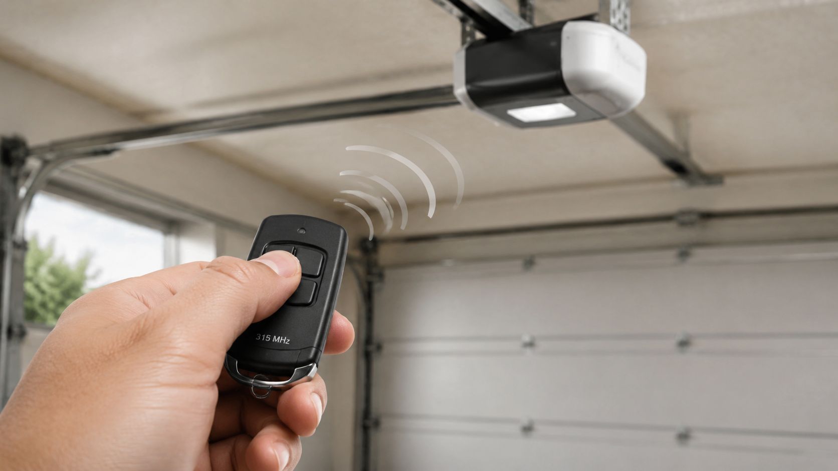 A hand holding a garage door remote controller aimed at the overhead garage door opener motor unit.