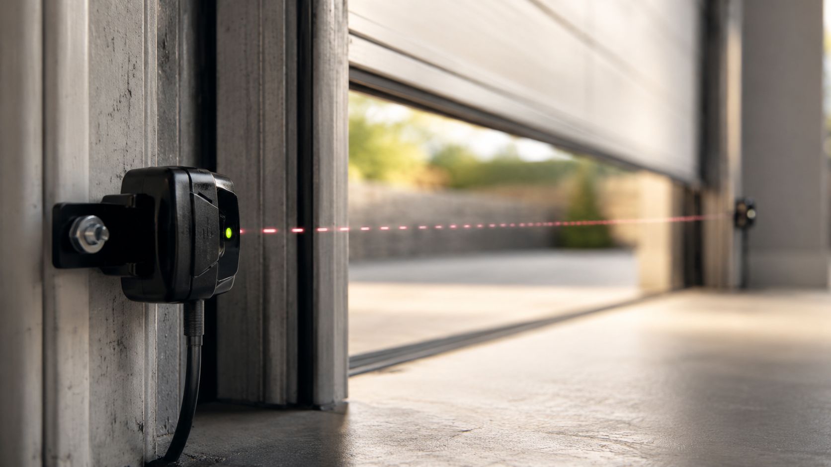 A close-up view of a garage door safety sensor with a visible red laser beam pointed across the doorway.