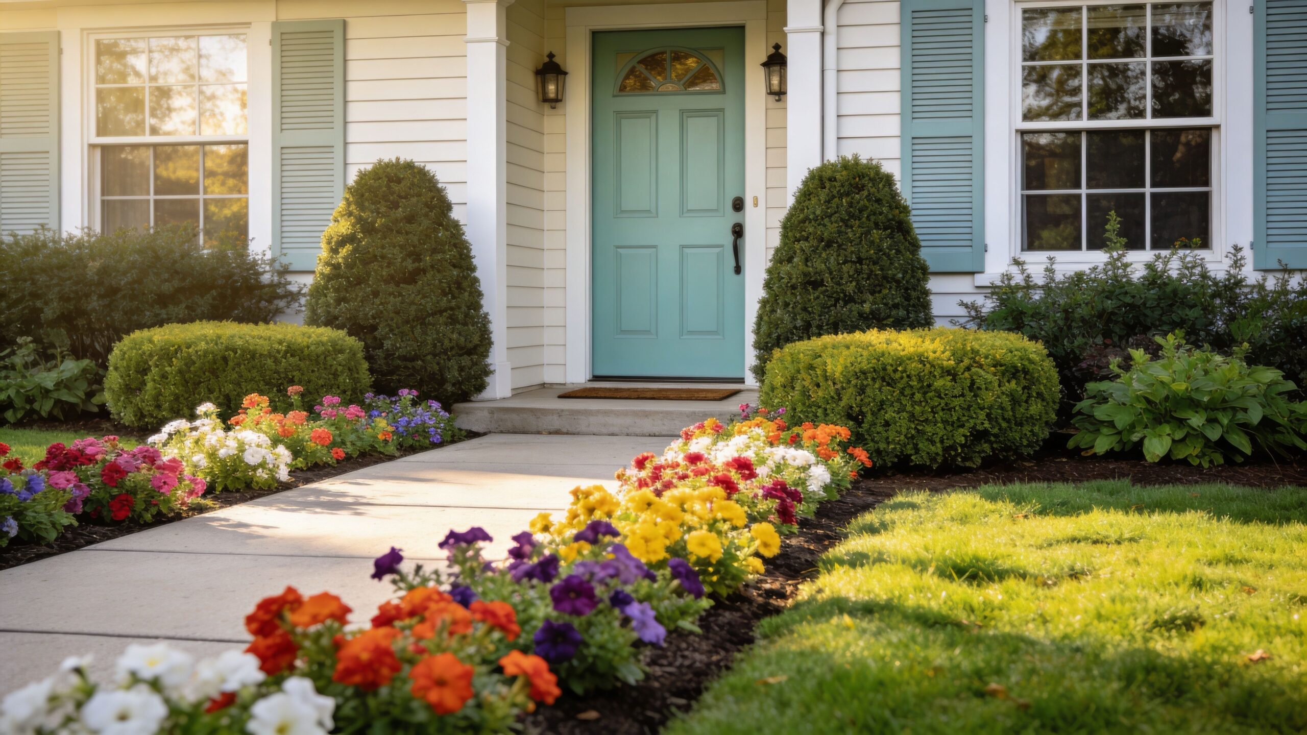 A welcoming front entrance of a suburban home with colorful flower beds and a turquoise front door.