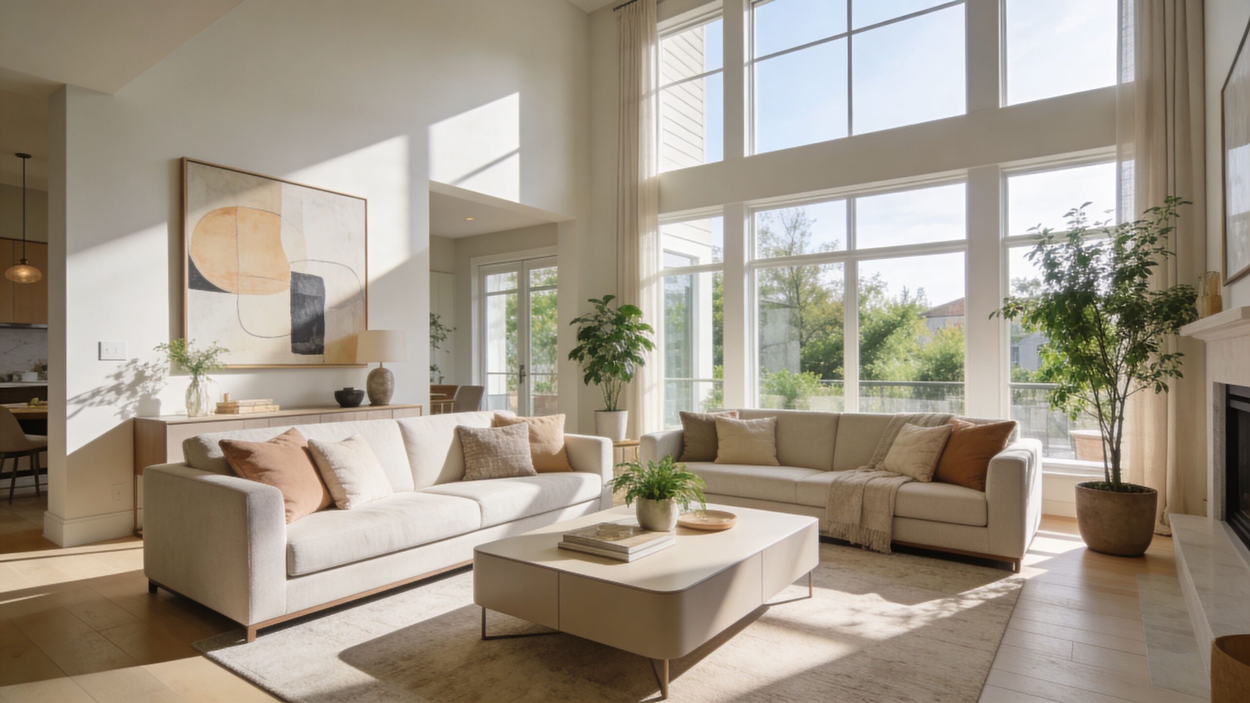 A bright, modern living room with large windows, neutral sofas, and stylish decor, bathed in warm natural sunlight.