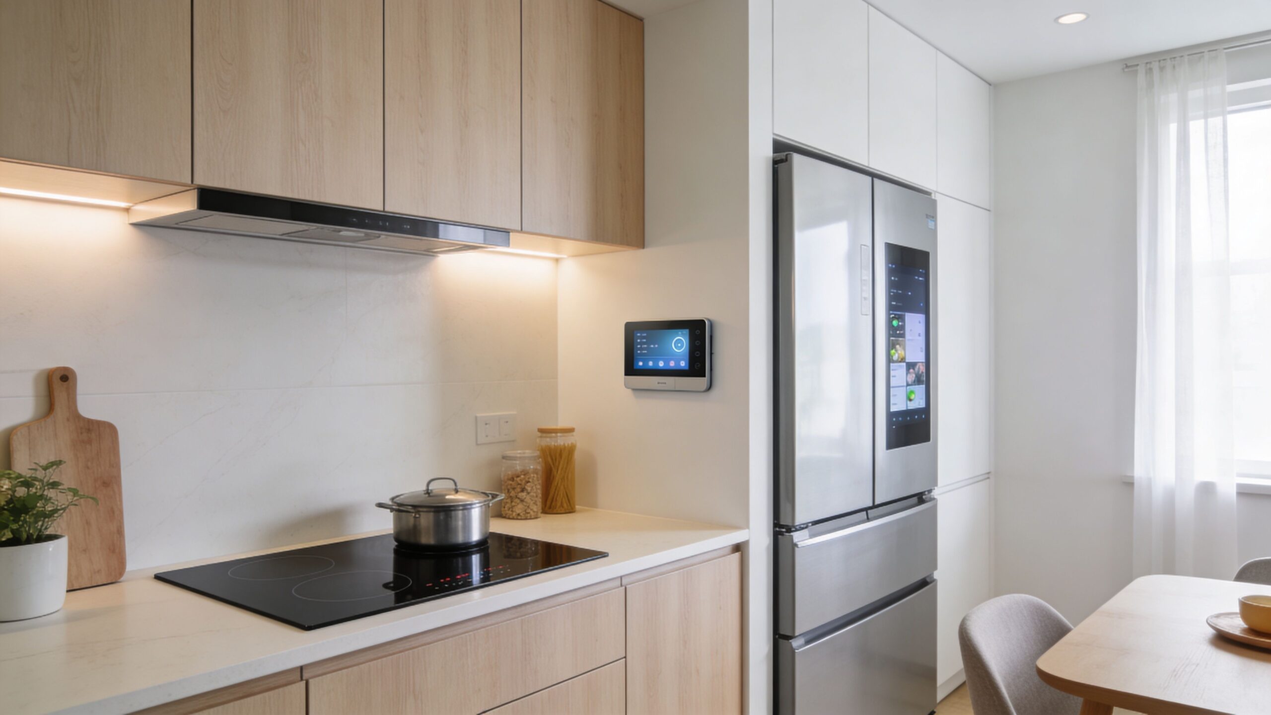 A modern, well-lit kitchen featuring light wood cabinetry, built-in smart appliances, and a minimalist design aesthetic.