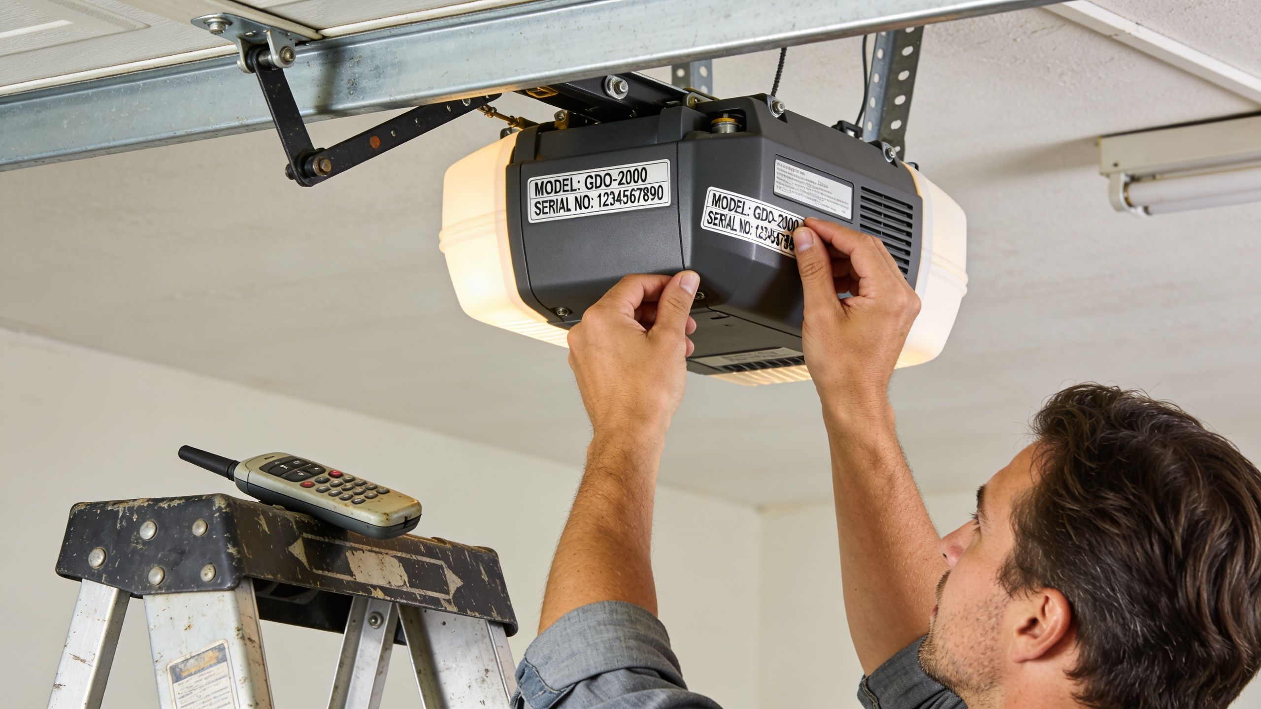 A technician installing or checking a residential garage door opener motor unit mounted to the ceiling.