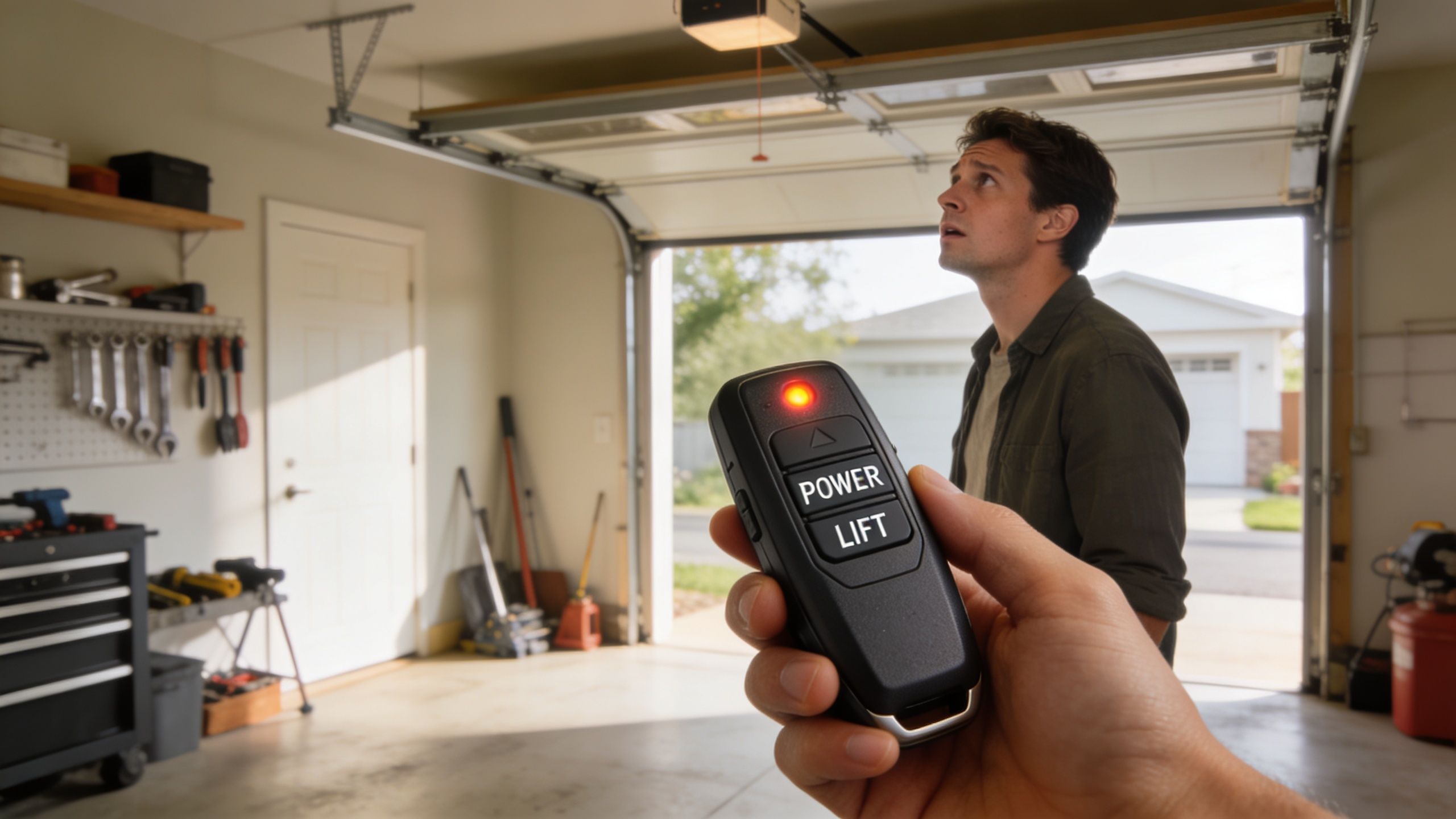 A person holding a garage door remote control while looking at a garage door opener.