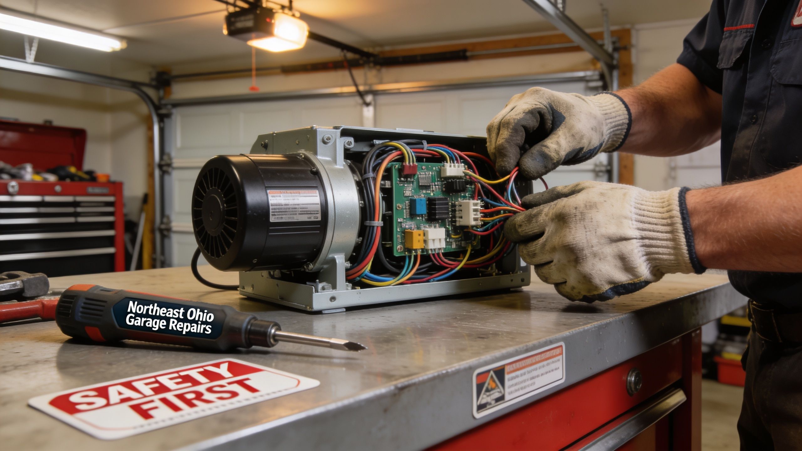 A technician wearing work gloves repairs a garage door opener motor on a metal workbench.