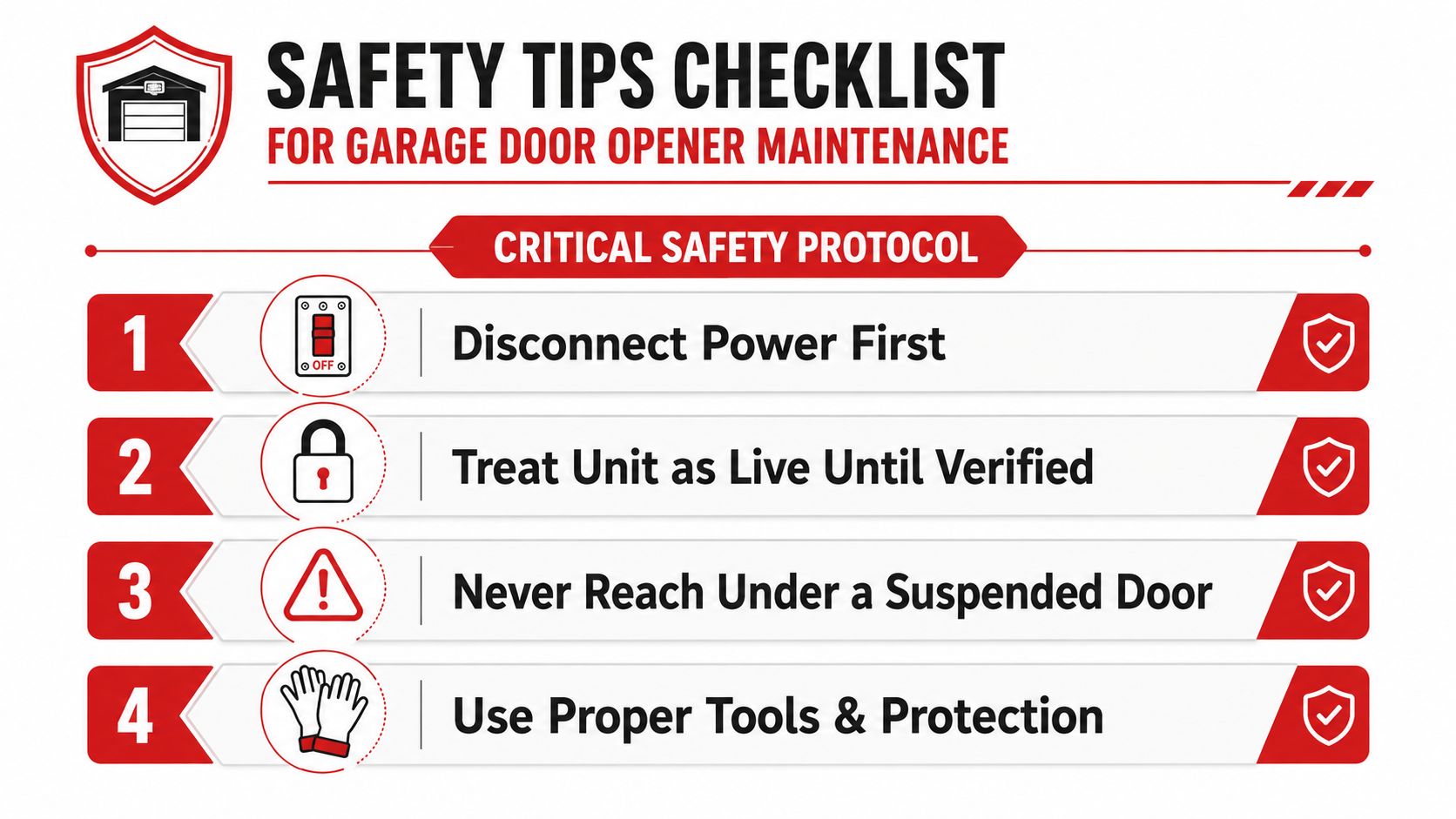 A safety checklist infographic for garage door opener maintenance, highlighting critical steps like disconnecting power and using protection.