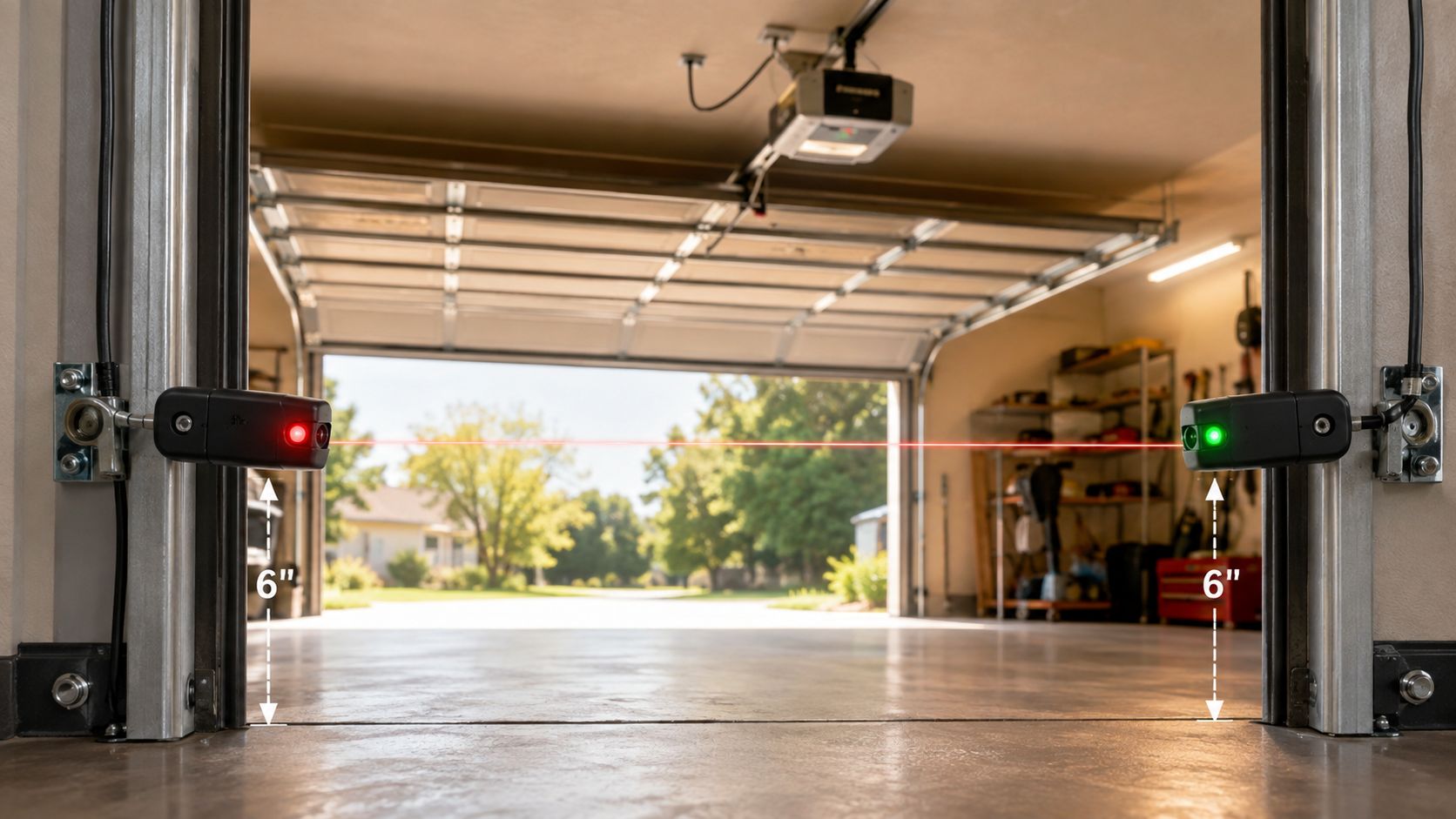 Two garage door safety sensors mounted on the door tracks, six inches above the garage floor.