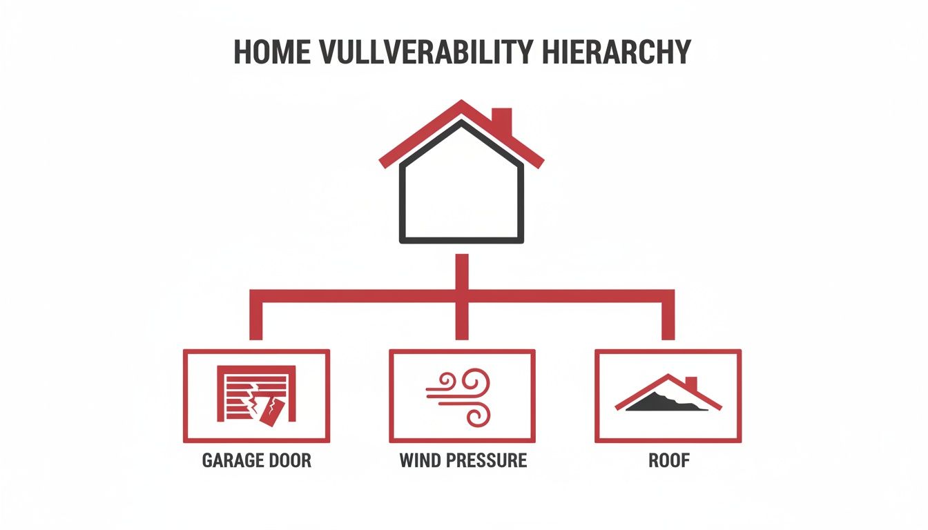 Diagram illustrating home vulnerability hierarchy, highlighting garage door, wind pressure, and roof as key factors.