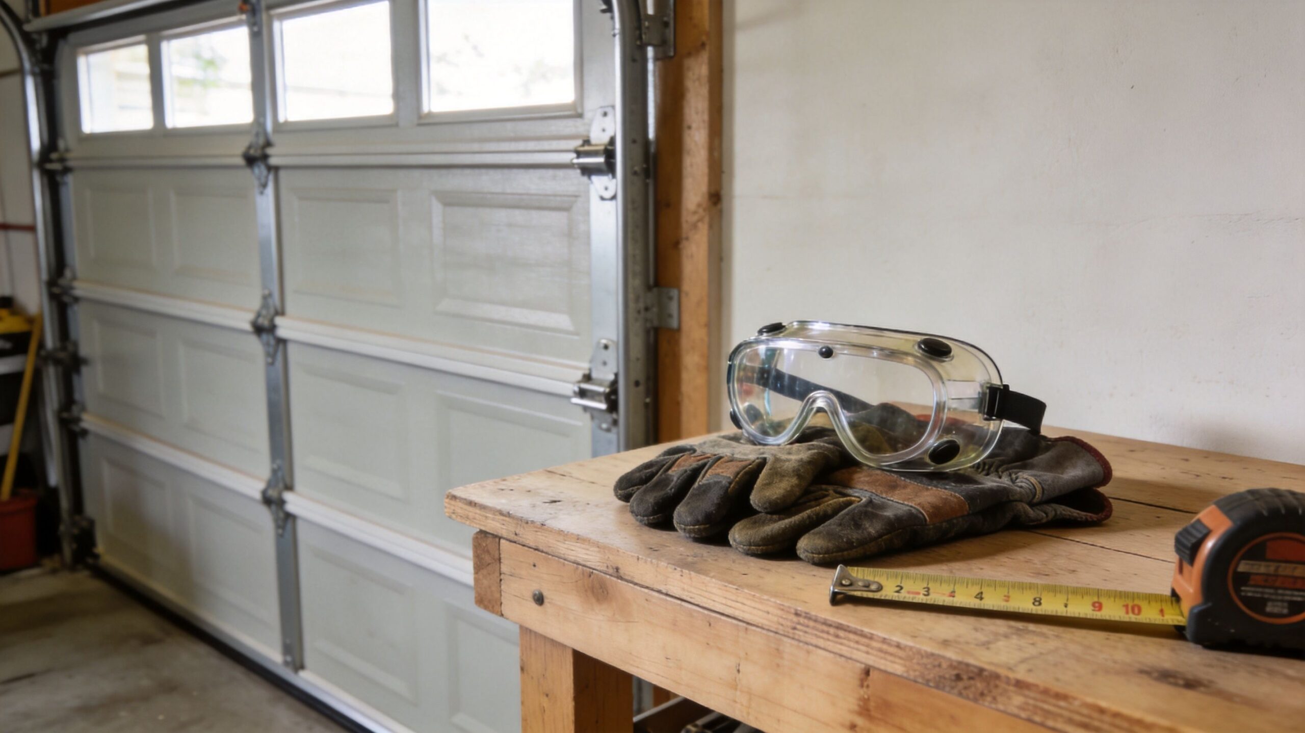 Work gloves, protective goggles, and a tape measure resting on a wooden workbench inside a garage.