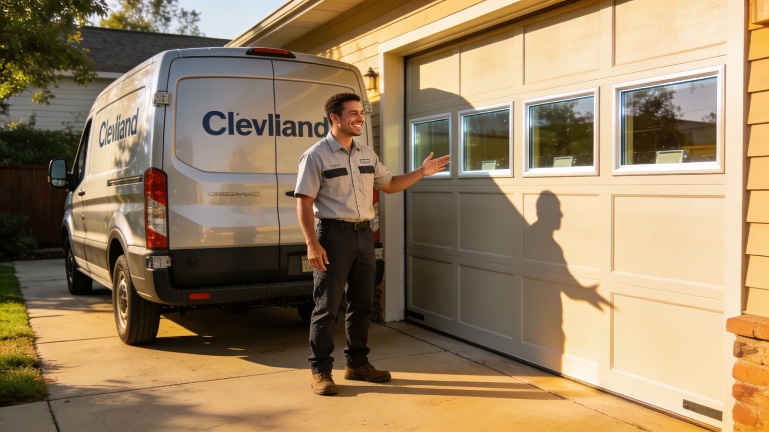 A friendly service technician standing in a driveway pointing to newly installed garage door windows.