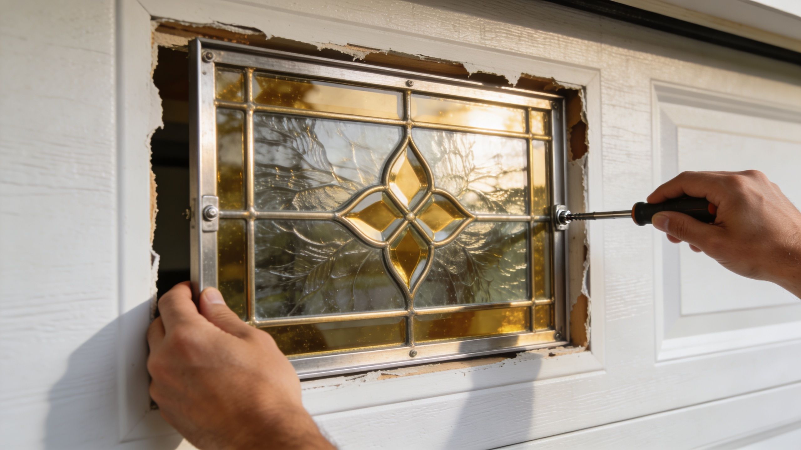 A person using a screwdriver to install a decorative glass garage door window frame into a panel.