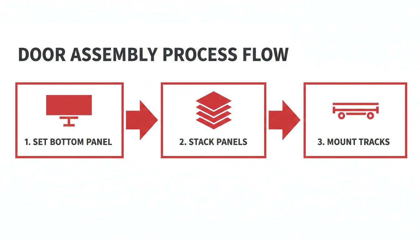 Process flow diagram showing three steps for door assembly: setting bottom panel, stacking panels, and mounting tracks.