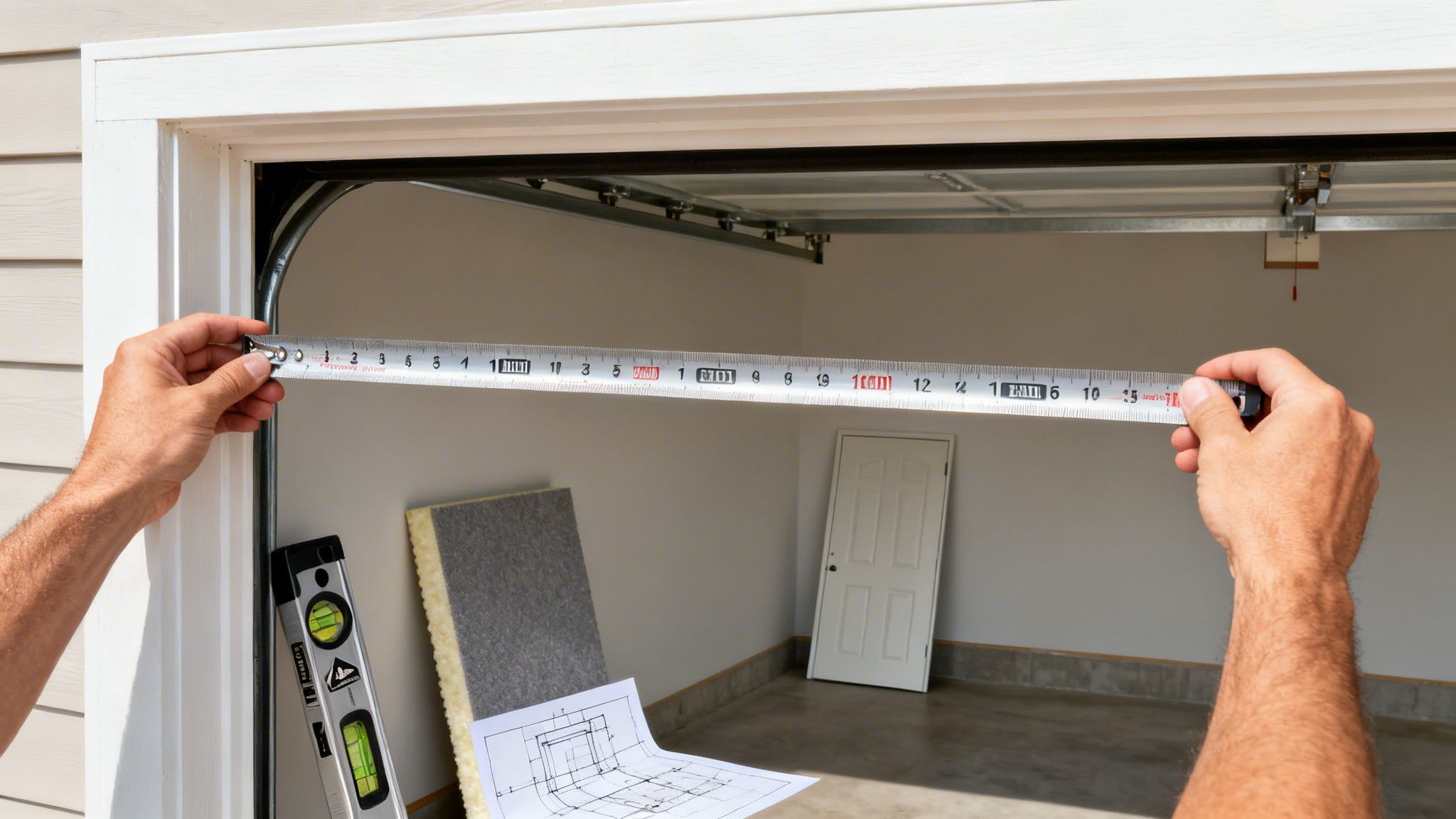 A person measures a garage door opening with a tape measure during installation, with tools and blueprints visible.