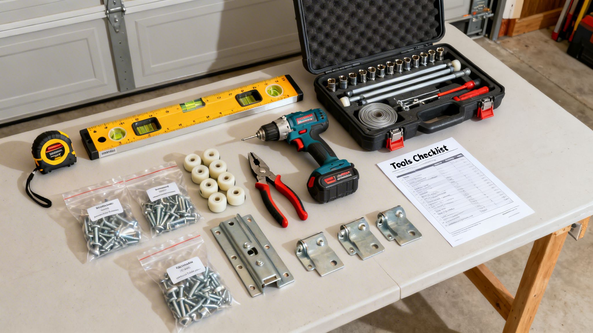 A shot of various tools and hardware laid out on a table for an overhead door installation project.