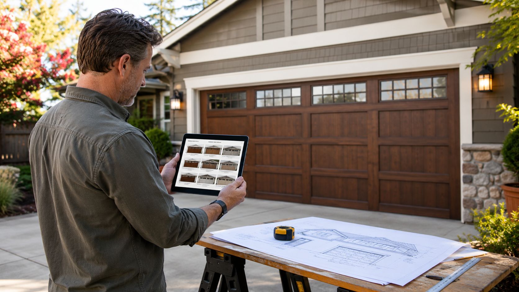 A professional contractor comparing garage door designs on a tablet in front of a modern home.