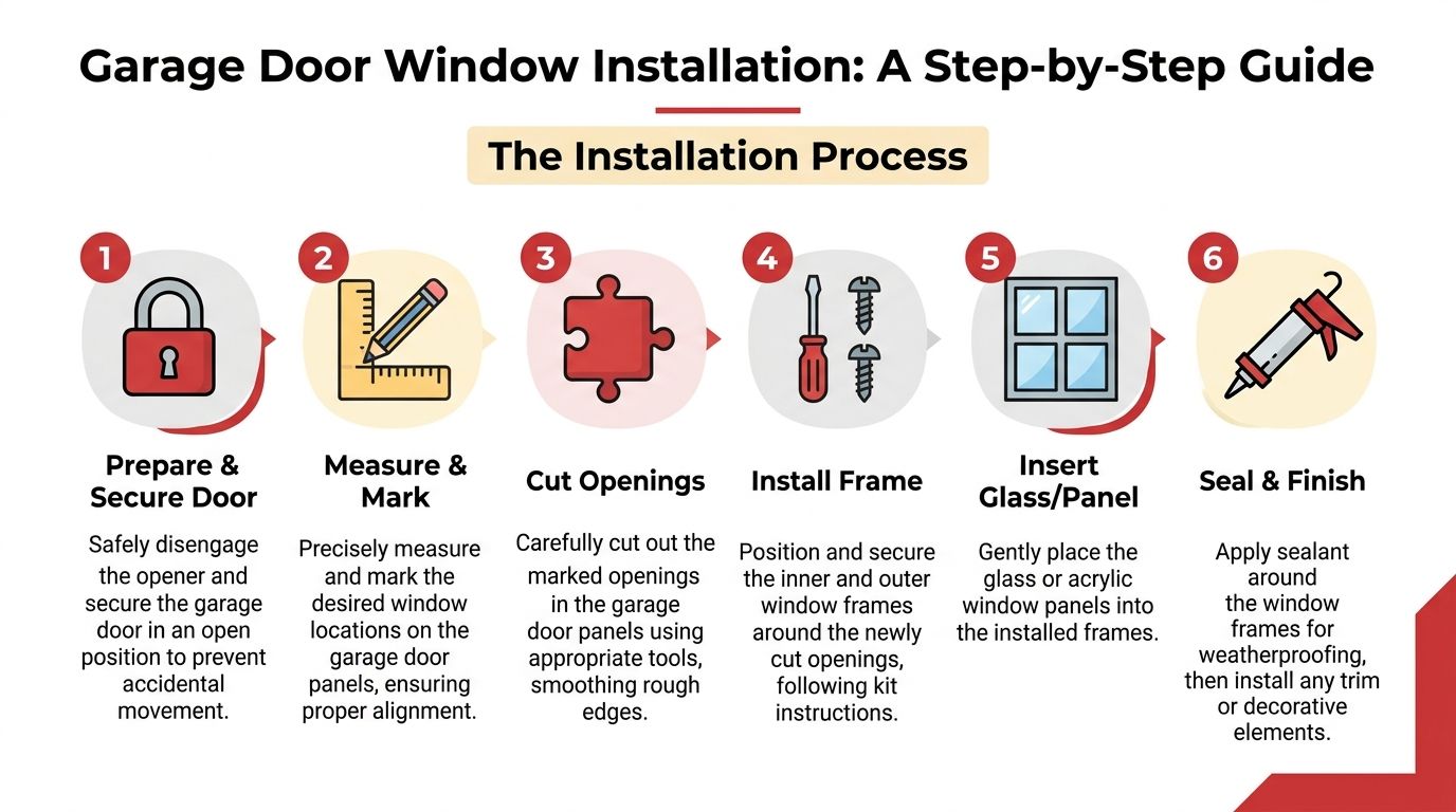A step-by-step infographic illustrating the six-part process for installing garage door windows safely and effectively.
