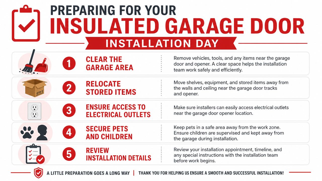A checklist infographic illustrating five key steps for homeowners to prepare for an insulated garage door installation.