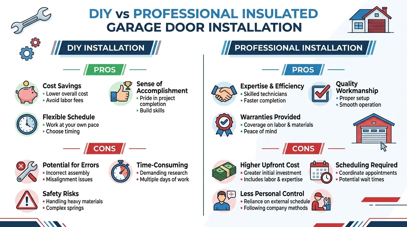 A comparison infographic highlighting the pros and cons of DIY versus professional insulated garage door installation services.