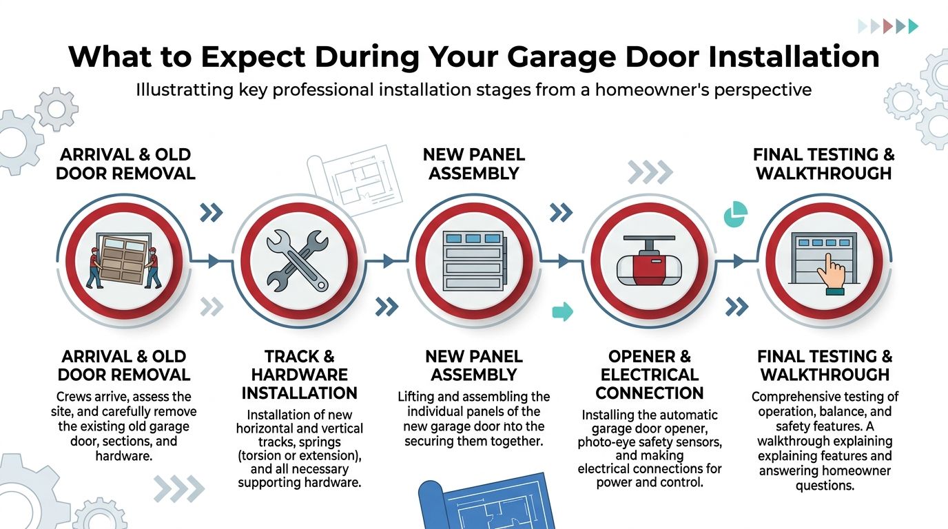 A professional infographic illustrating the five key stages of a garage door installation process for homeowners.