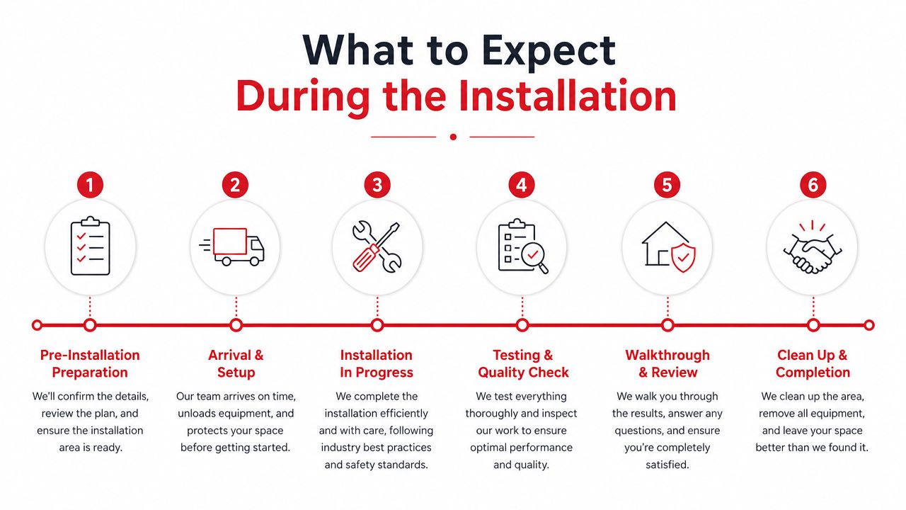 A six-step infographic detailing the professional process for an insulated garage door installation service.
