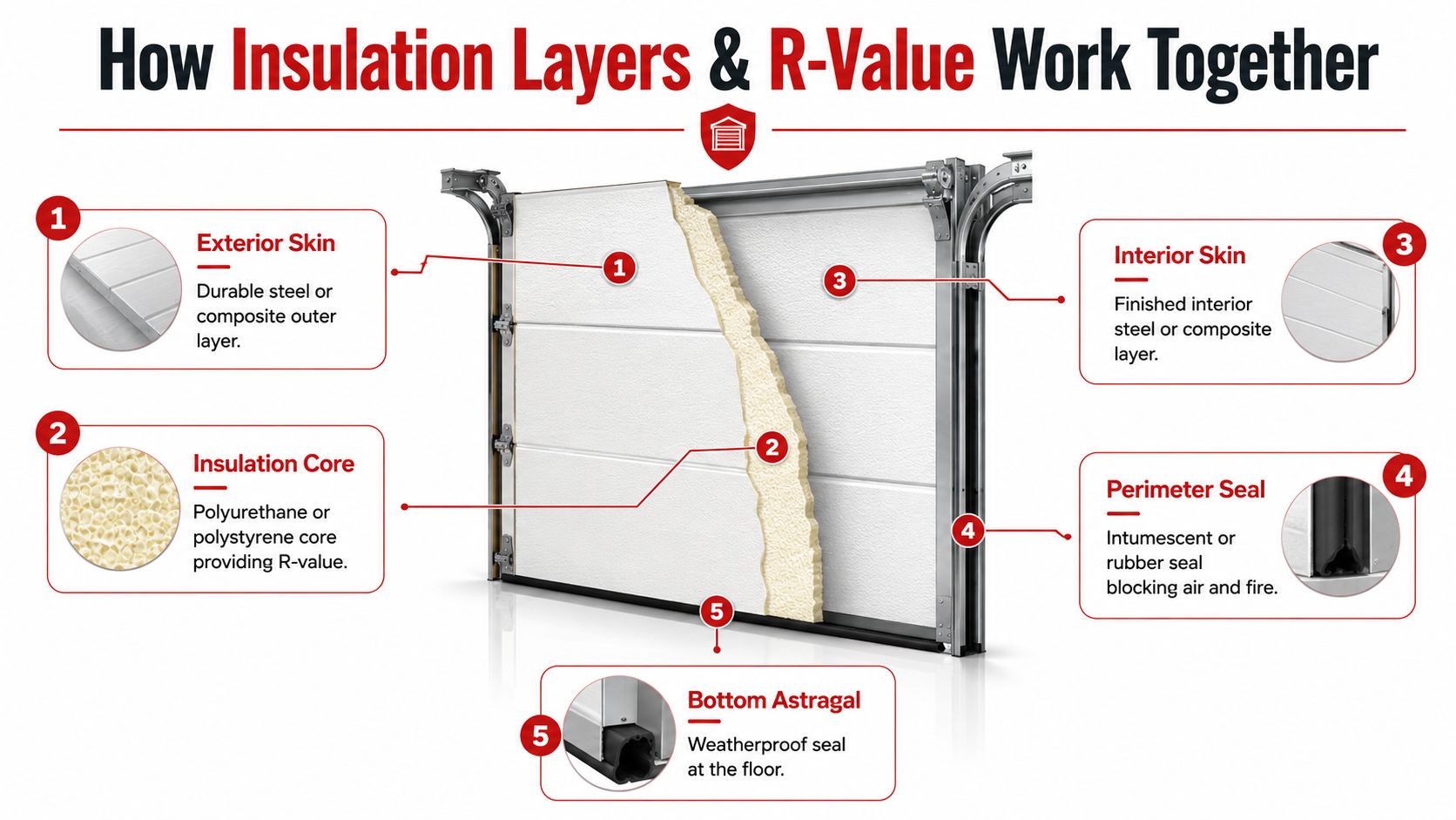 A diagram illustrating the components of insulated garage doors, including skins, insulation core, and various weather seals.