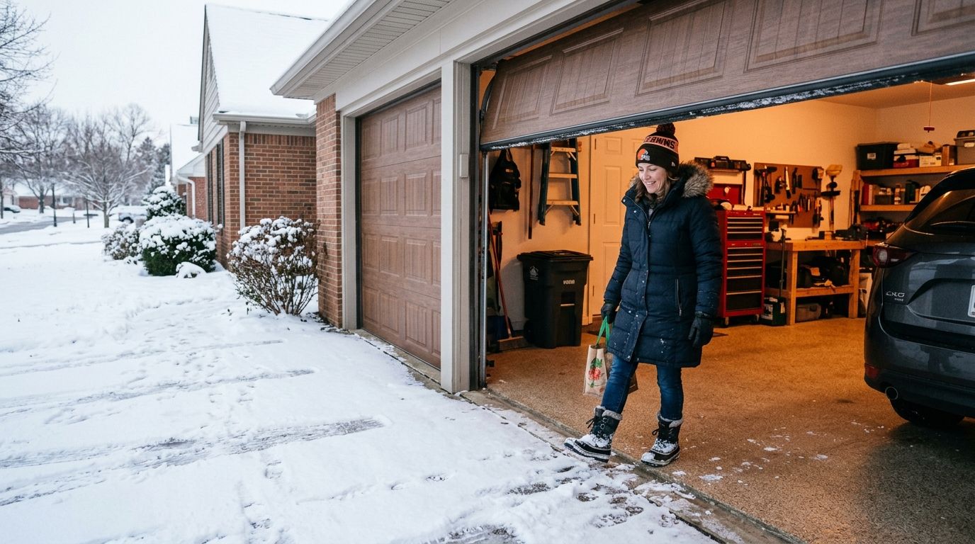 A woman in a winter coat and hat stepping out of a garage with insulated garage doors.