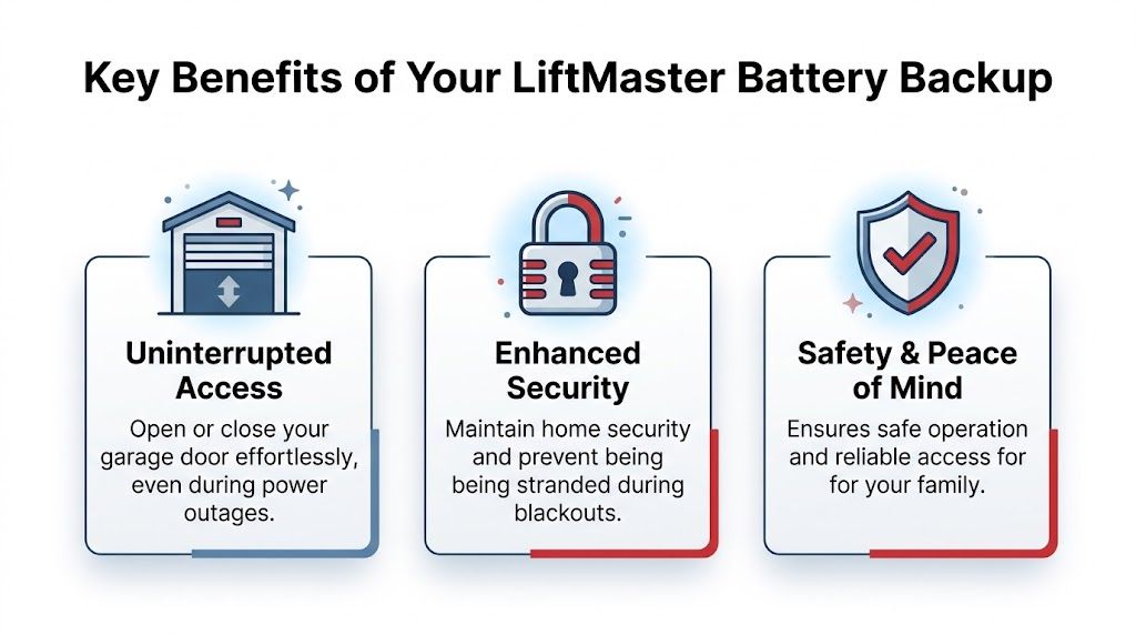 An infographic highlighting the benefits of a LiftMaster battery backup system for garage doors during power outages.