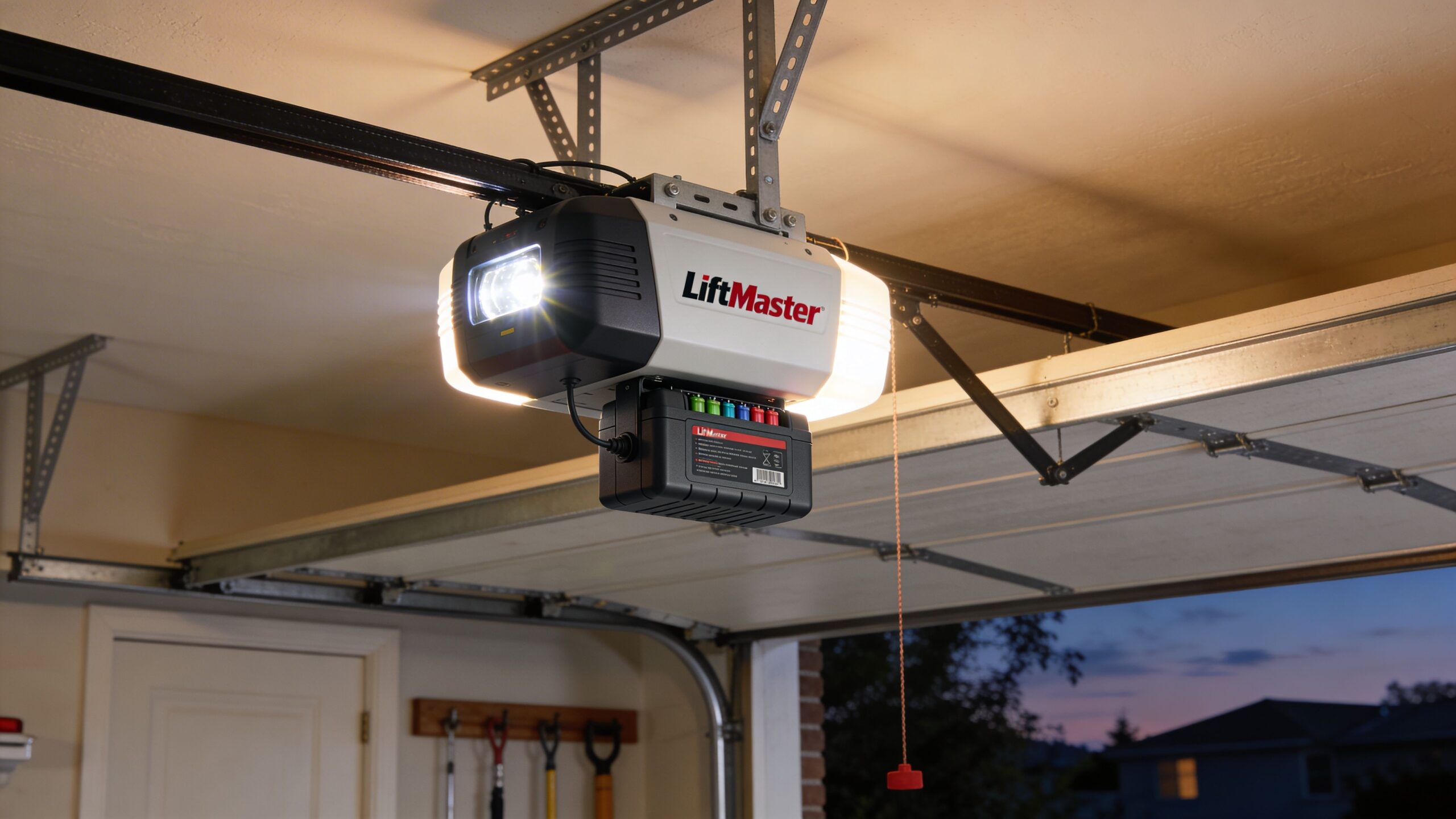 A LiftMaster garage door opener mounted to the ceiling with an attached battery backup system.