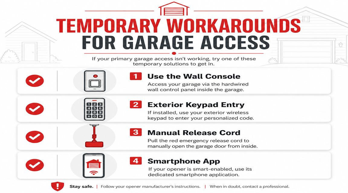 A graphic showing four temporary workarounds for garage door access when your primary method is not working.