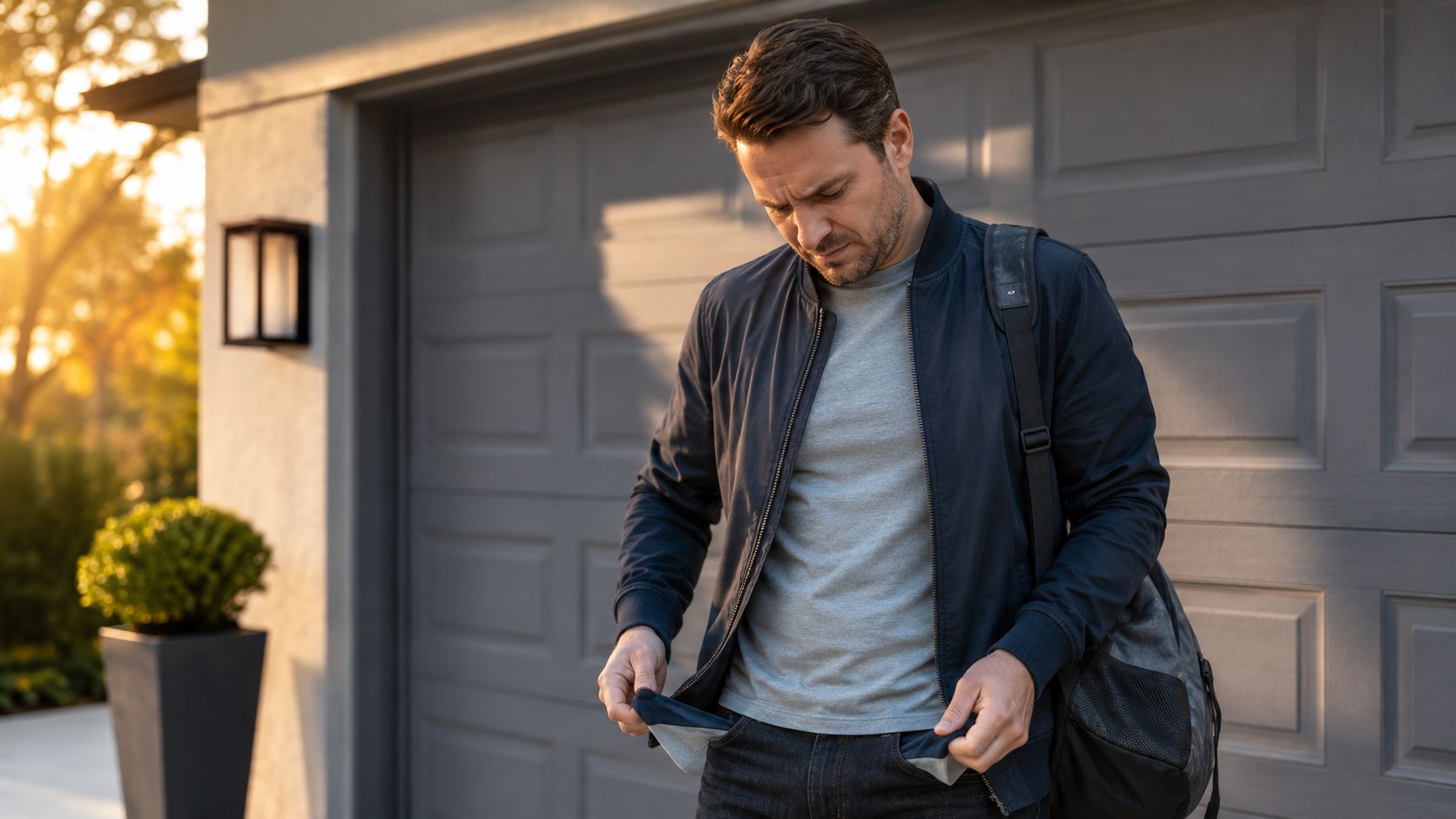 A concerned man standing outside his garage door checking his empty pockets for a missing remote control.