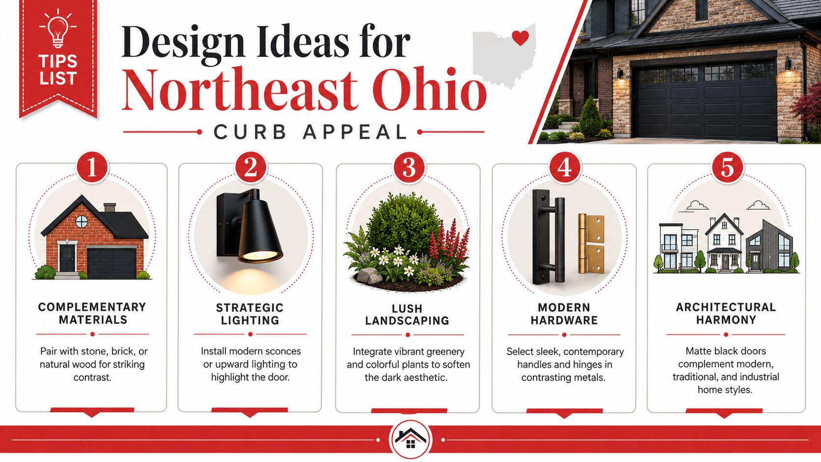 A design infographic detailing five curb appeal tips for homes in Northeast Ohio featuring matte black accents.