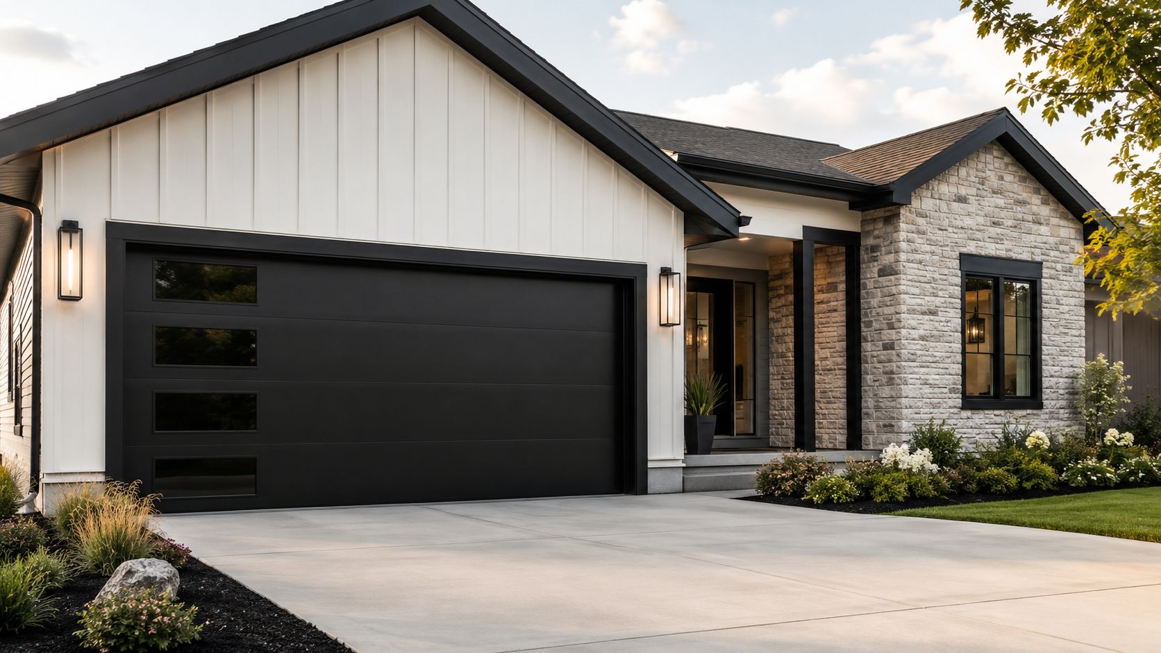 A modern suburban home featuring a prominent matte black garage door with rectangular glass window panels.