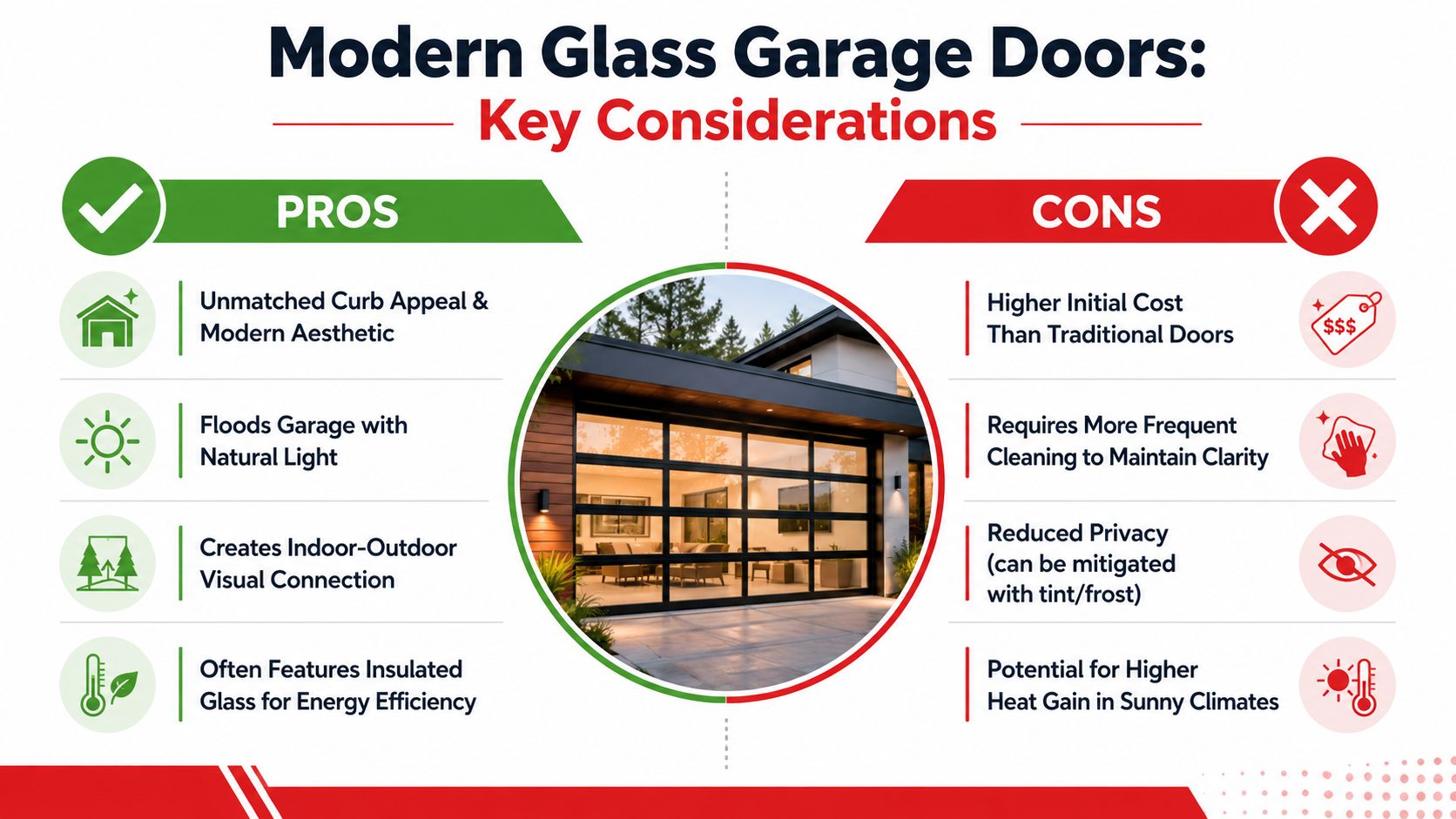 An infographic comparing the pros and cons of installing modern glass garage doors on a home.