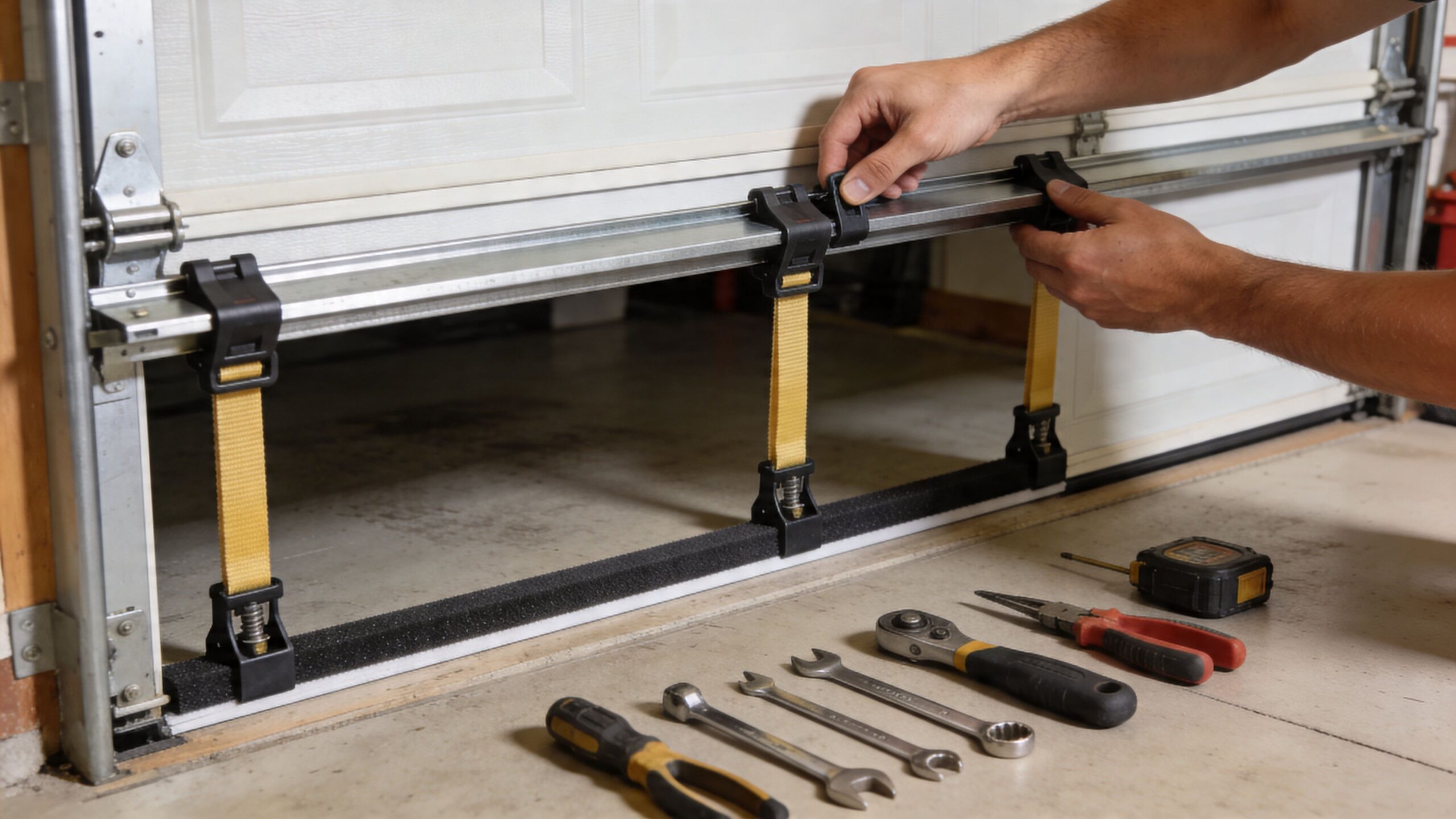 A person installing a rubber bottom seal onto the bottom of a white garage door with tools nearby.