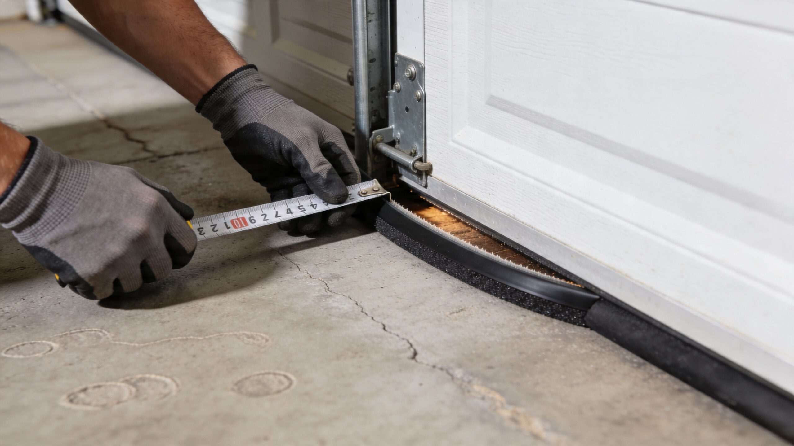 A gloved worker uses a measuring tape to inspect a rubber seal on a garage door bottom.