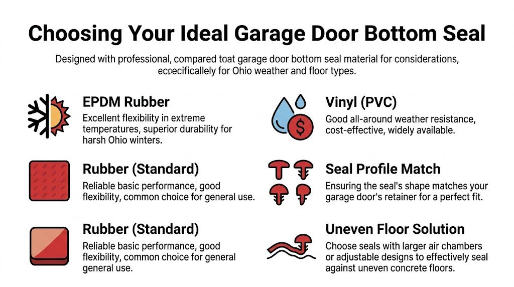 An infographic showing different types of garage door bottom seal materials and considerations for selection.