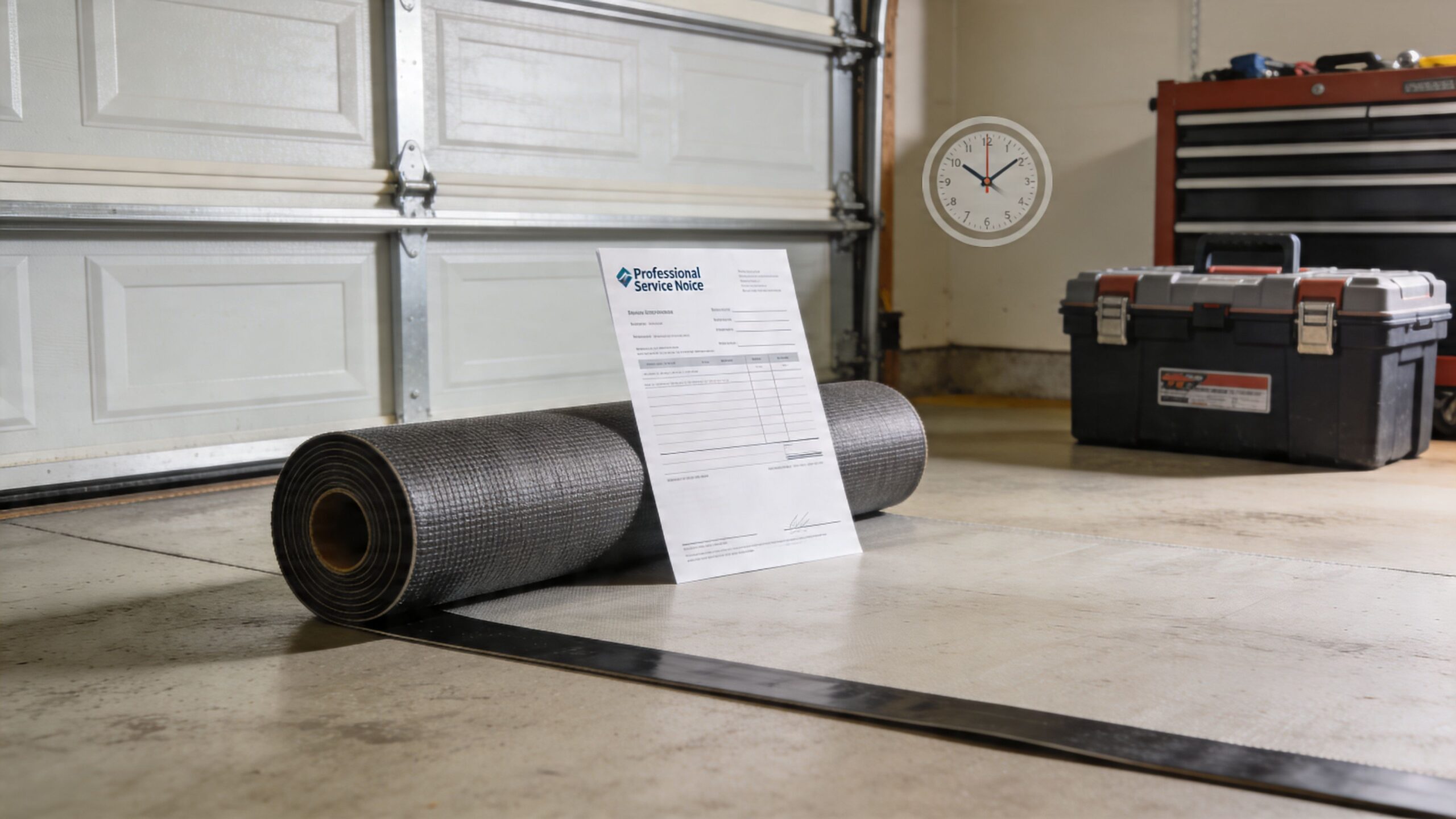 A roll of black garage door bottom weather seal sits on a concrete floor next to a service invoice.