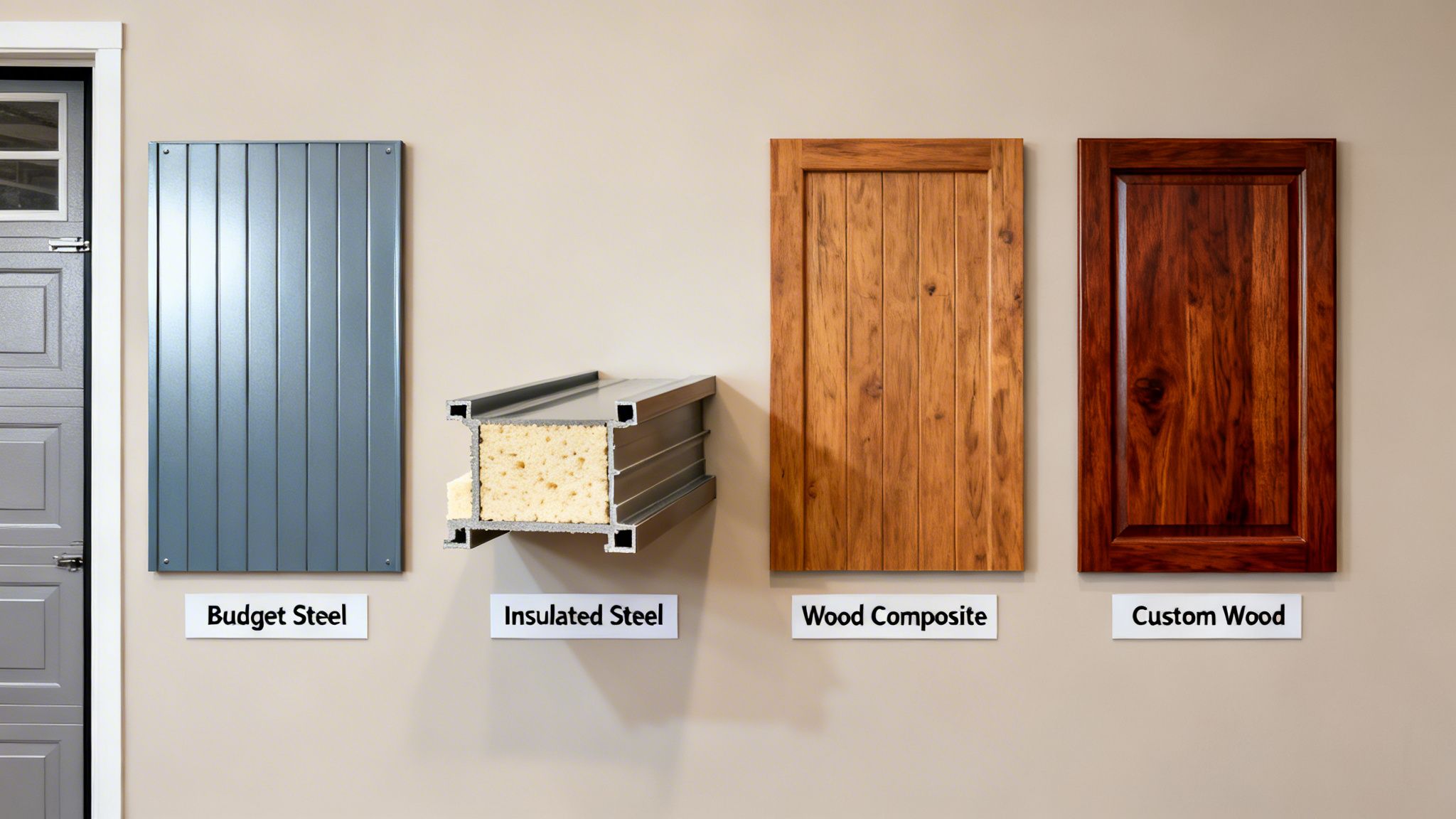 Four garage door material samples: budget steel, insulated steel, wood composite, and custom wood, displayed on a wall.