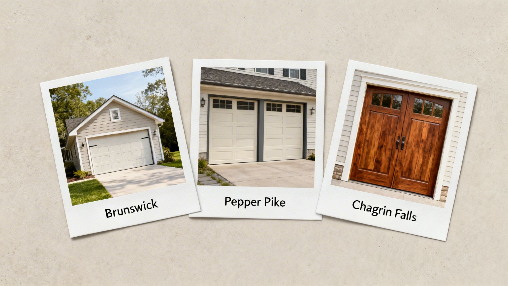 Three polaroid photos showcasing various residential garage door styles: a single beige door, two matching beige doors, and a rustic wooden double door.