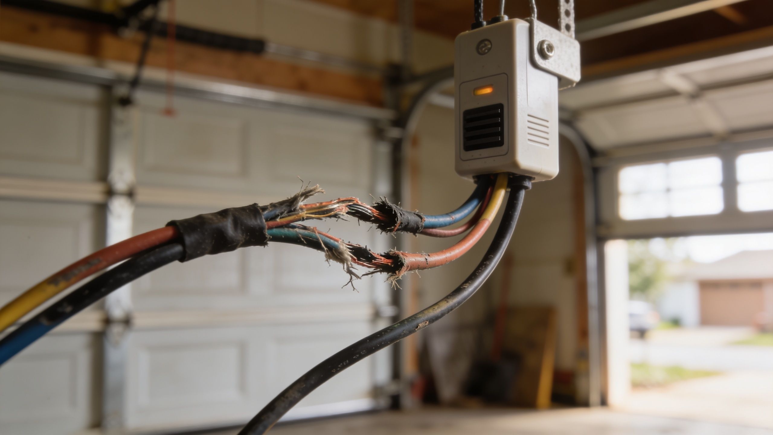 A close-up view of frayed and damaged electrical wiring hanging from a garage door sensor system.
