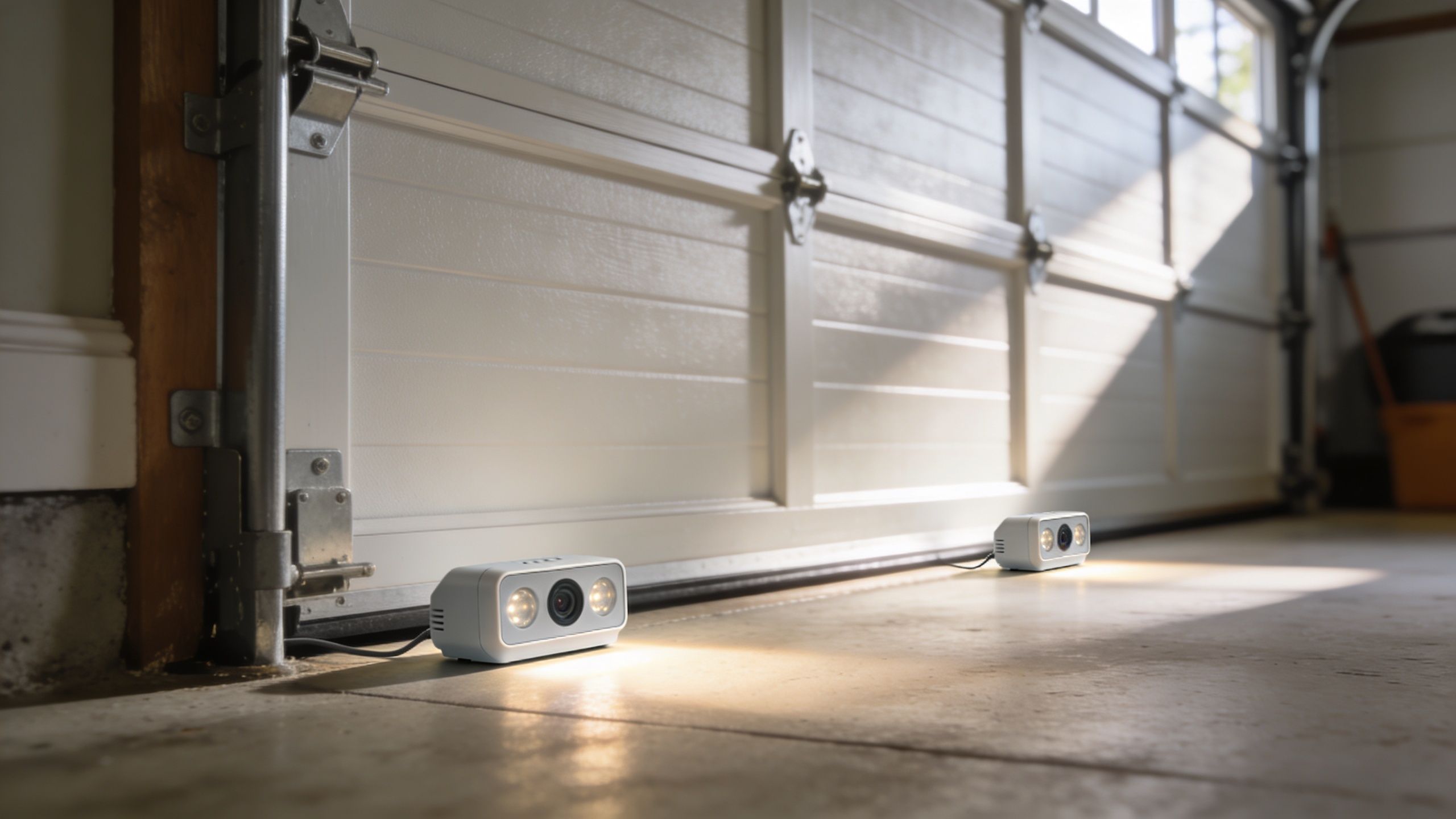 Two small smart security cameras placed on the concrete garage floor in front of a white garage door.