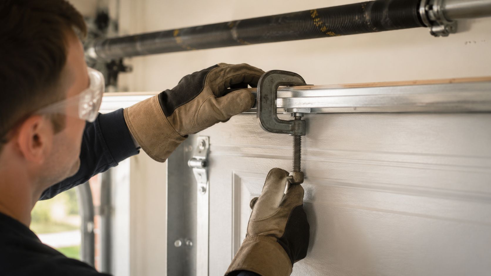 A technician wearing safety glasses and protective gloves uses a C-clamp to secure a garage door panel.