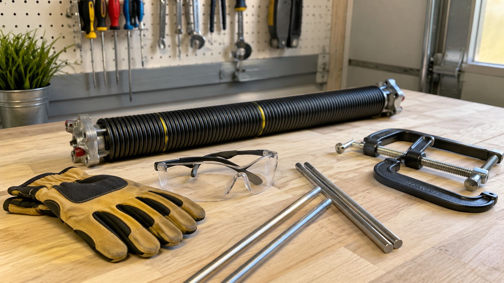 A garage door torsion spring and tools for replacement laid out on a wooden workbench.