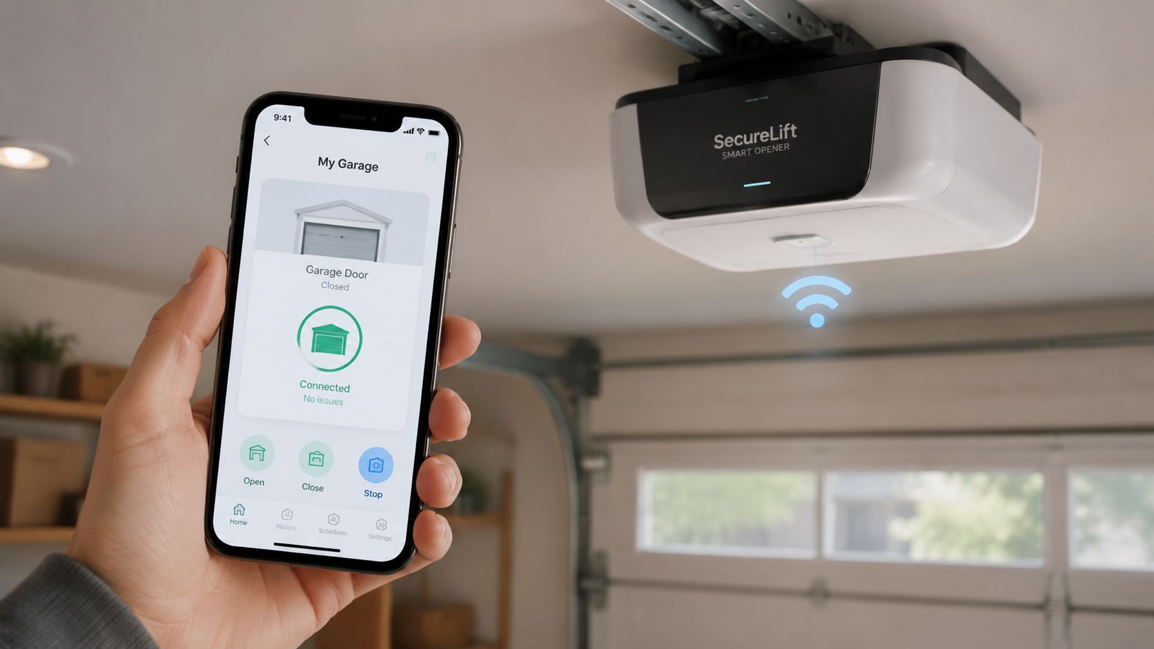 A hand holds a smartphone displaying a smart garage door control app connected to a ceiling-mounted opener.