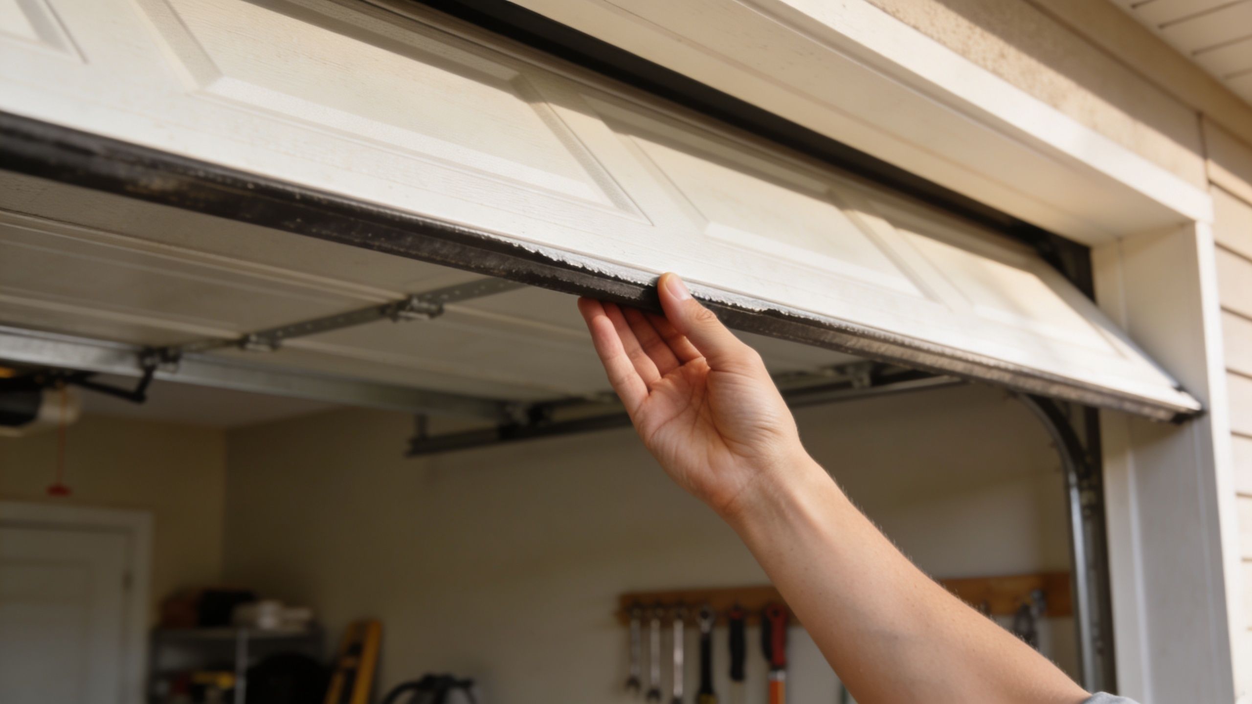 A close-up view of a hand touching the bottom weather stripping of an open garage door.