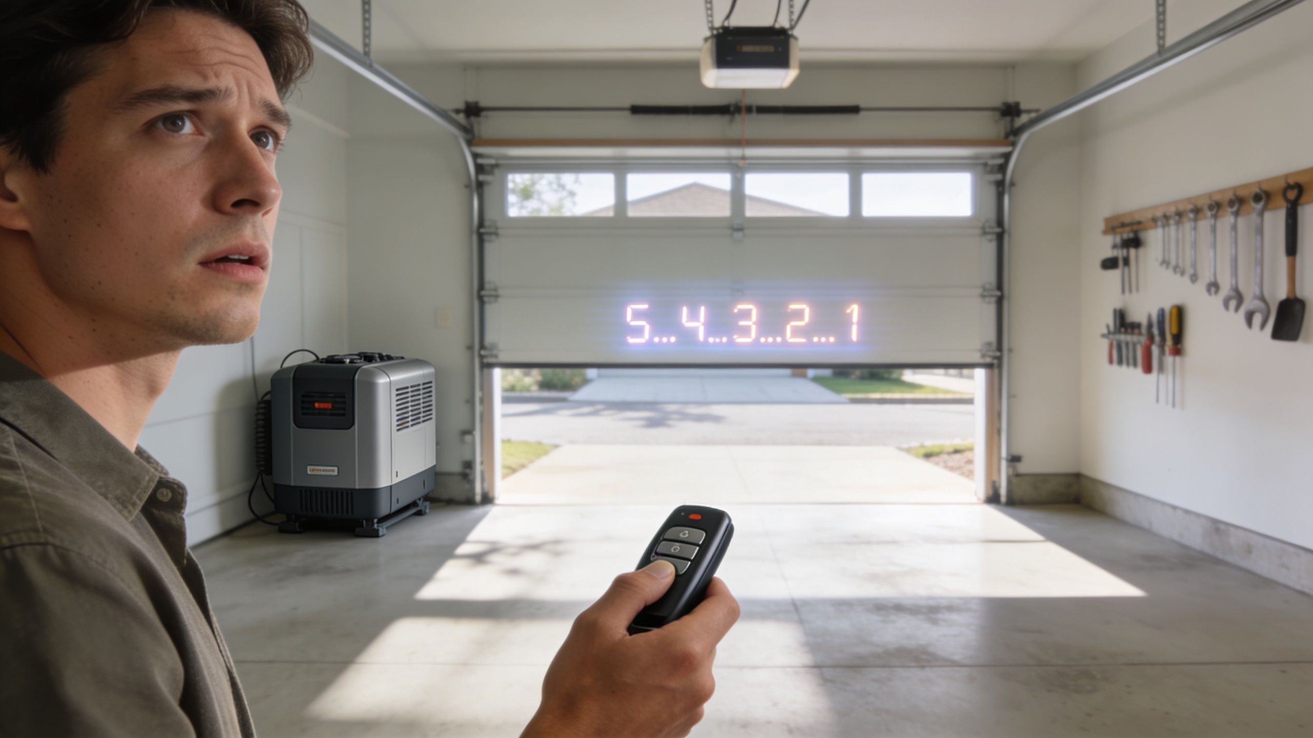 A man looks concerned while using a remote to program a garage door opener with a countdown displayed.
