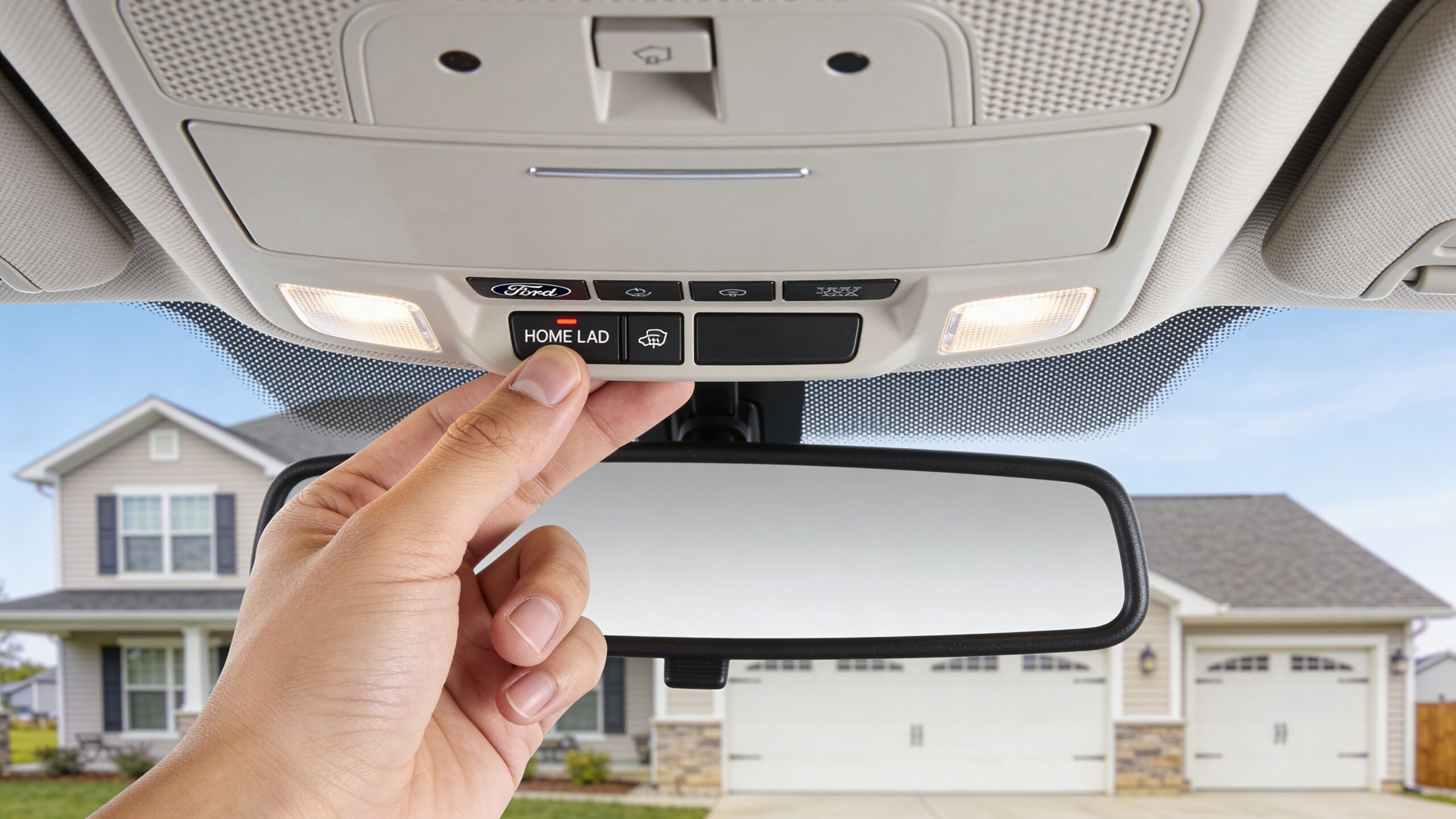 A driver's hand presses the Home Link button on a Ford vehicle overhead console to operate garage doors.