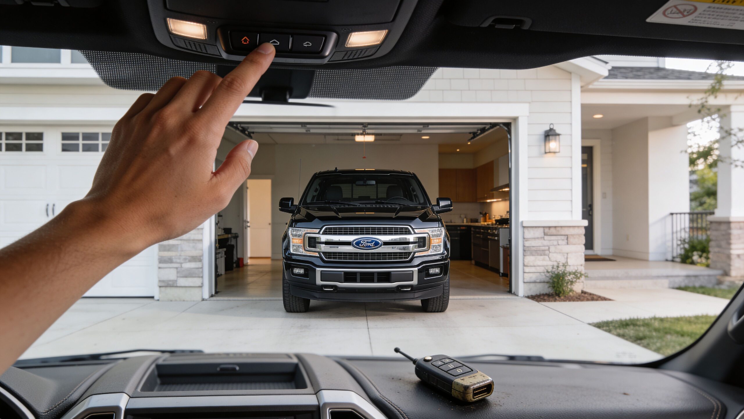 A driver presses the HomeLink button on the vehicle's overhead console to program the garage door opener.