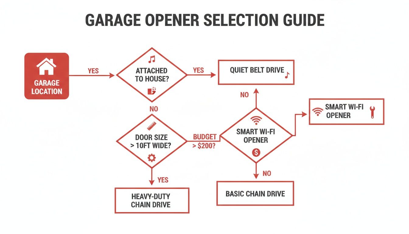 Flowchart guiding garage door opener selection based on garage location, door size, budget, and smart features.