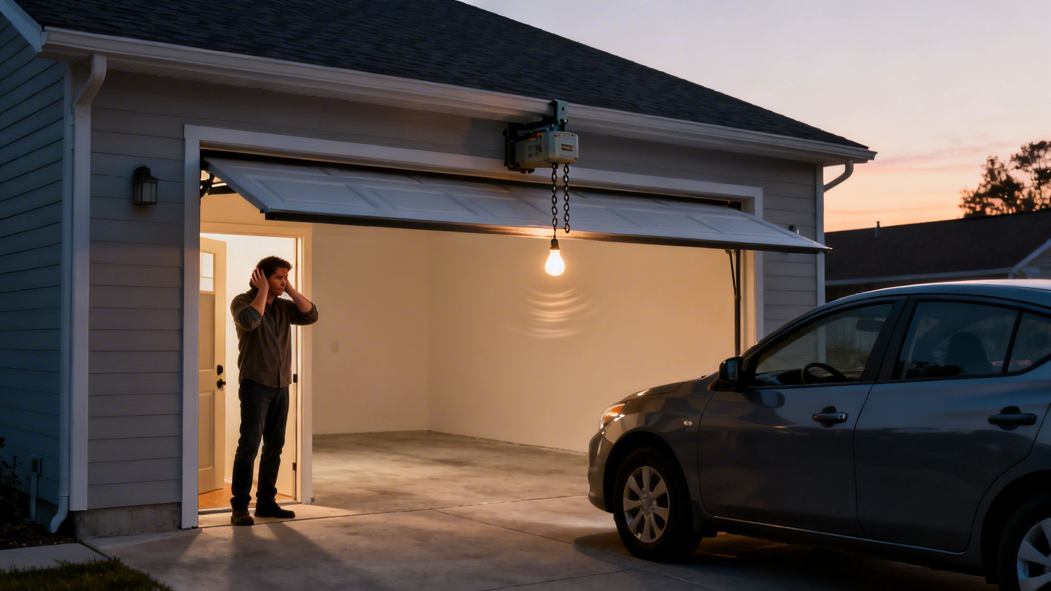 A man covers his ears, reacting to the loud noise of a garage door opener.